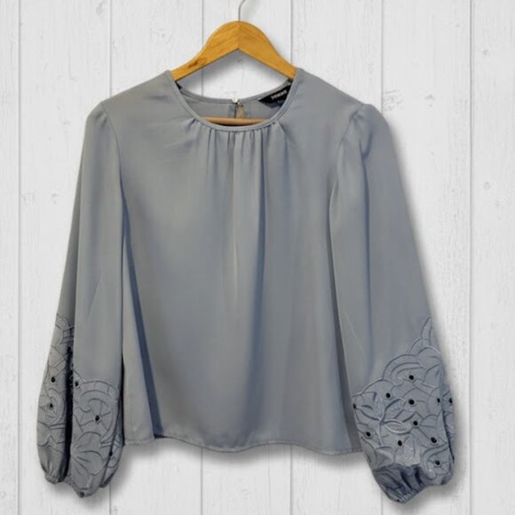 Slate Blue Embroidered Balloon Sleeve Blouse - Size Small - Picture 1 of 4